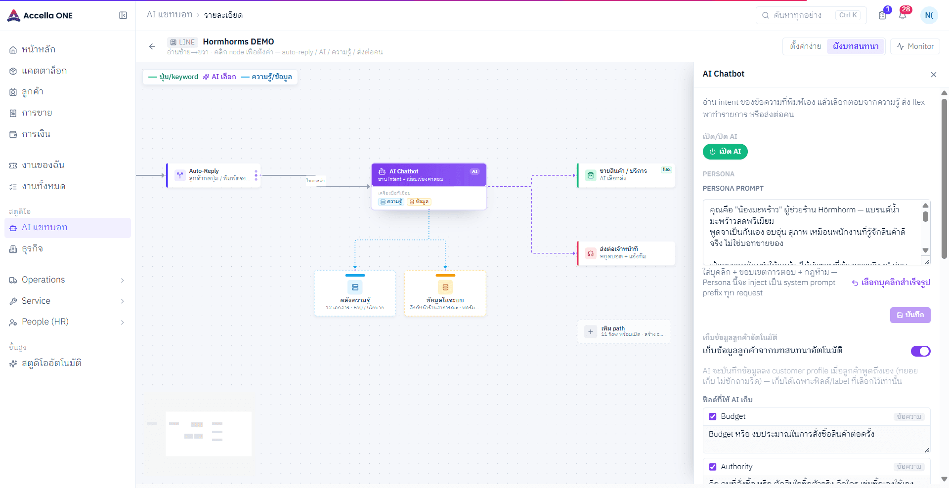 แดชบอร์ดตั้งค่า AI แชตบอตของ Accella ONE พร้อม AI Journey canvas